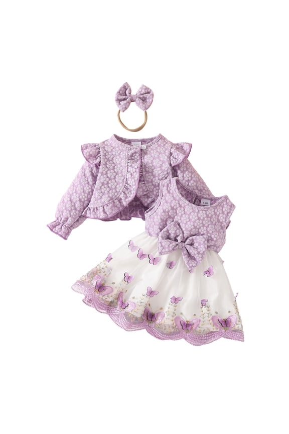 Infant Girls Party Floral Tank Dress with Bolero Shrugs Set Butterfly Embroidered Lace Tulle Dress Two Piece Set Cute Long Sleeve Cropped Jacket Dress Set Infant Girls Clothes