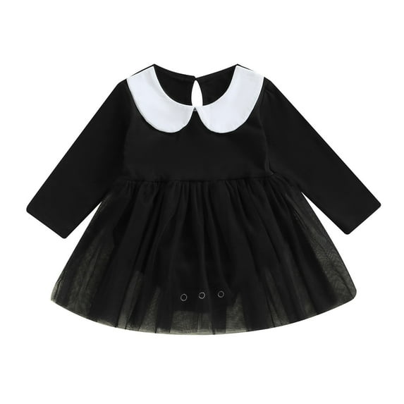 Odeerbi Infant Girls Princess Dresses Fashion Casual New Style Mesh Dress Baby Children's Cute Long Sleeve Peter Pan Collar Dress Black