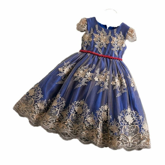 Odeerbi Infant Girls Retro Gowns Lace Embroidered Princess Dress Renaissance Medieval Party Birthday Dress New Pattern Sleeveless Court Style Dress Dark Blue