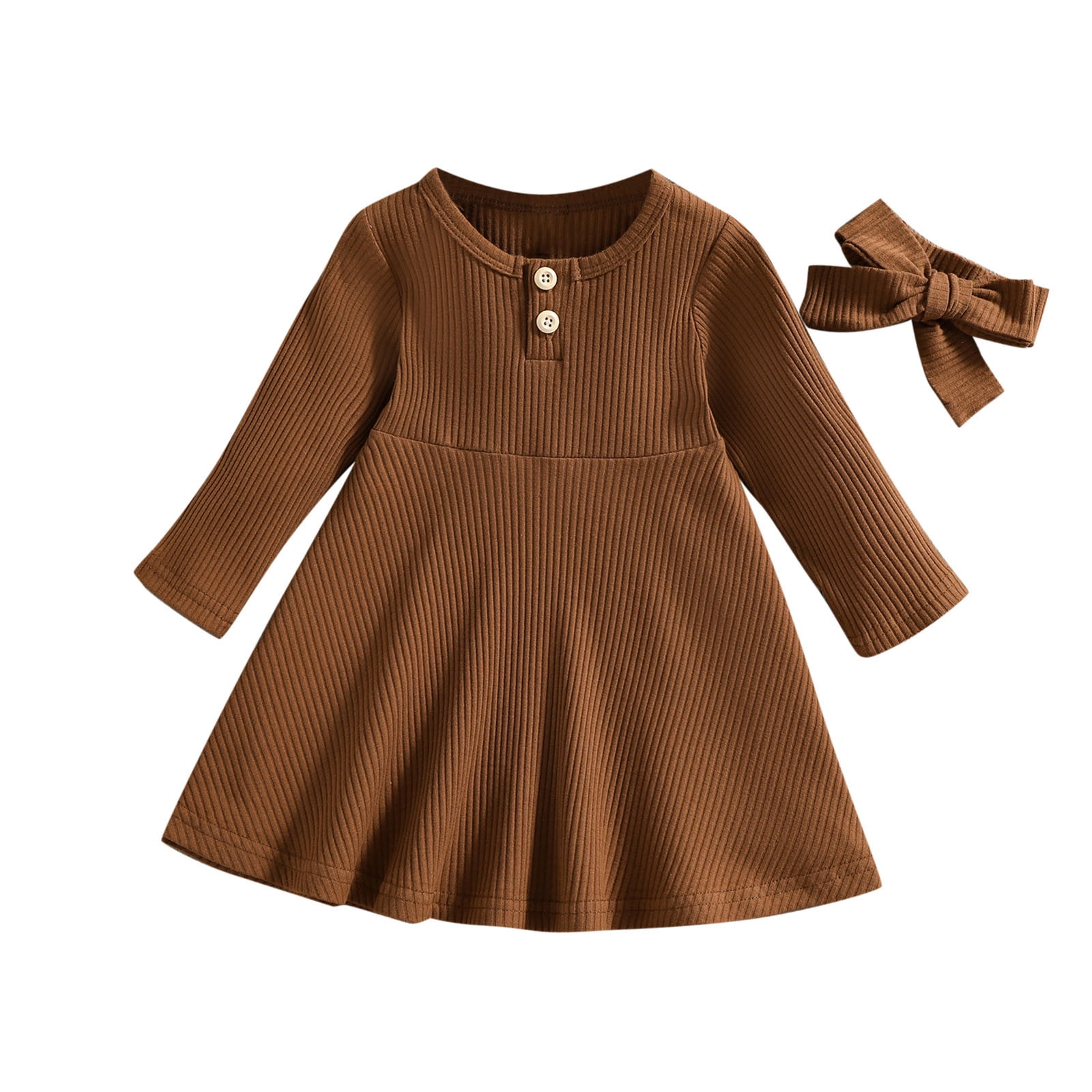 Odeerbi Infant Girls Rib Knit A-Line Dress Spring Cute Cotton Dresses Round Neck Button Solid Color Comfortable Casual Long Sleeve Dress Infant Girls