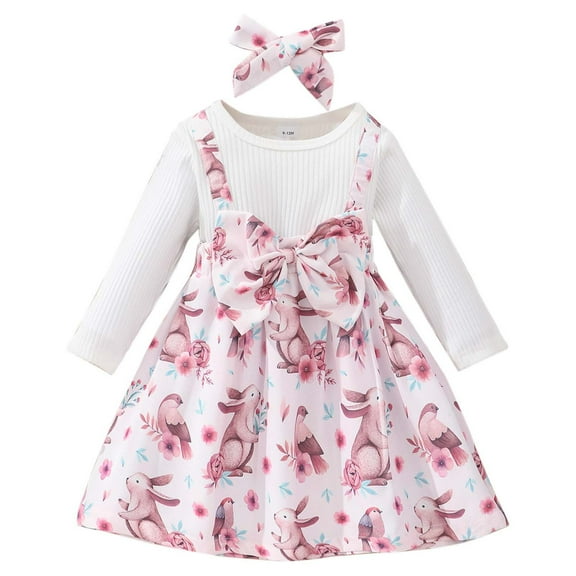 Odeerbi Infant Girls Rib Knit Floral A-Line Dress Easter Spring Fall Long Sleeve Bow Dresses Children's Cute Rabbit Print Dress with Headband Infant Girls Clothes