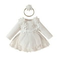 thumbnail image 1 of Odeerbi Infant Girls Ruffle Lace Romper Jumpsuit Fall Winter Long Sleeve Rib Knit Dress Stripe Triangular Mesh Skirt Sweet Flower Bodysuit Infant Clothes White, 1 of 9