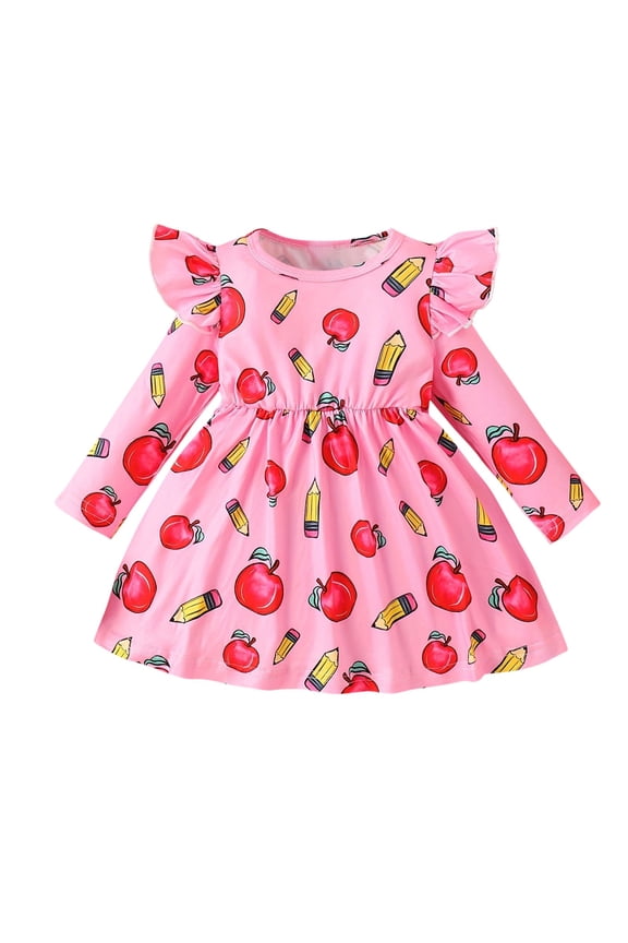 Infant Girls Ruffle Long Sleeve Floral Dress Fall Winter Smocked Pleated Dress New Flying Sleeve Round Neck Floral Pattern Dress Pink