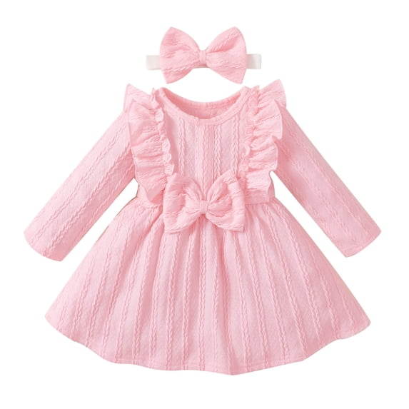 Odeerbi Infant Girls Ruffle Long Sleeve Rib Knit Cotton Dress Spring Fall Bow Princess Dresses Cute Round Neck A-Line Dress Infant Girls Clothes