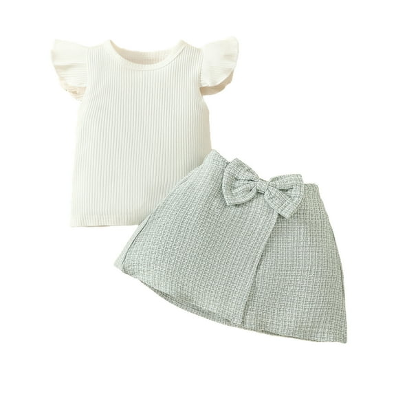 Odeerbi Infant Girls Skirt Outfits Summer Clothes Fashion Cotton Round Neck Ruffle Sleeve Top Bowknot Short Skirt Set Sleeveless Top 2 PCS Set 3 Months-3 Years Green