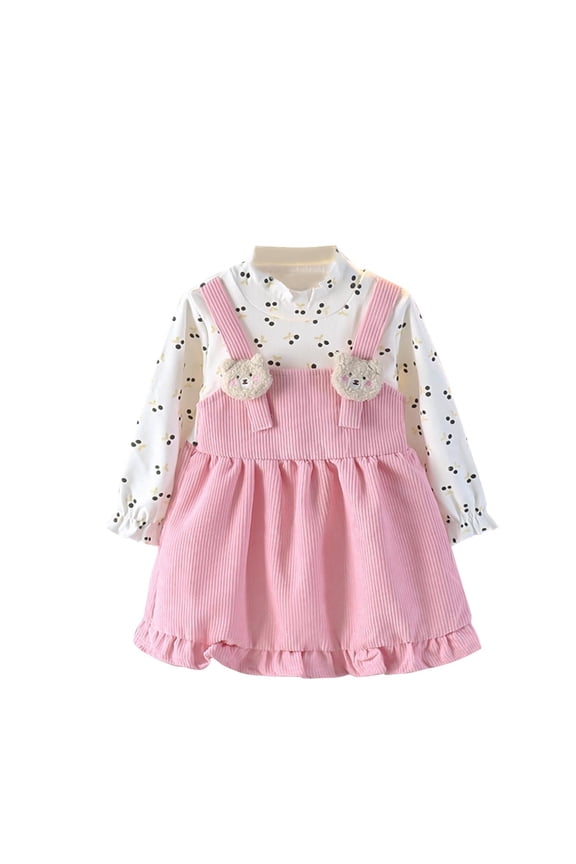 Infant Girls Spring Cotton Corduroy Overall Dress Cute Cherry Print Bear Suspender Skirt Long Sleeve Princess Dress Infant Girls Clothes