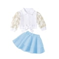 thumbnail image 1 of Odeerbi Infant Girls Spring Fall Outfits Tulle Sleeve Shirt with Tiered Skirt Set College Style Solid Color V-neck Shirt Pleated Skirt Set Infant Clothes Sky Blue, 1 of 7