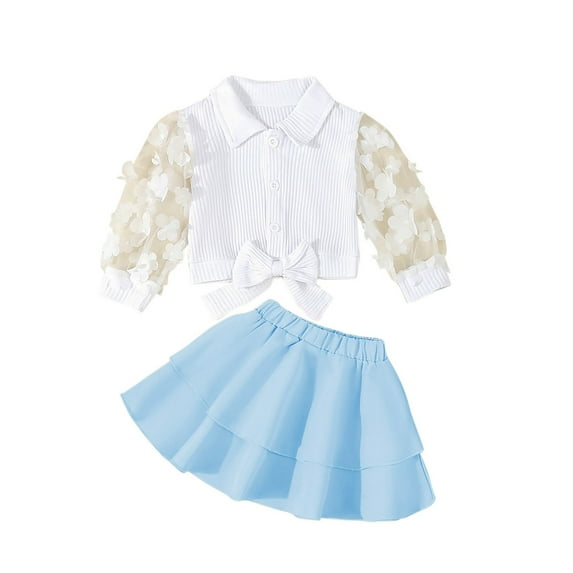 Odeerbi Infant Girls Spring Fall Outfits Tulle Sleeve Shirt with Tiered Skirt Set College Style Solid Color V-neck Shirt Pleated Skirt Set Infant Clothes Sky Blue