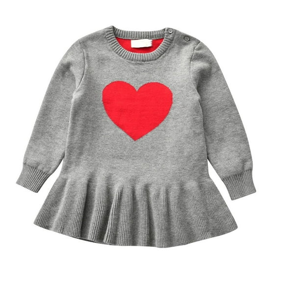 Odeerbi Infant Girls Spring Fall Sweater Dress Cute Valentine's Day Cotton Knit Dresses Fashion Heart Printed Round Neck Long Sleeve Pleated Dress Infant Girls Clothes