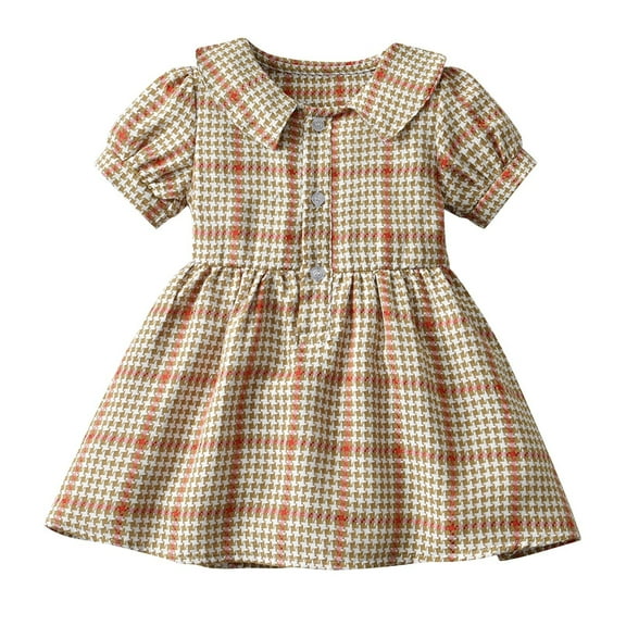 Odeerbi Infant Girls Summer Plaid Princess Dress Cute Point Collar Cotton Dress Lapel Short Sleeve Dress Infant Girls Clothes