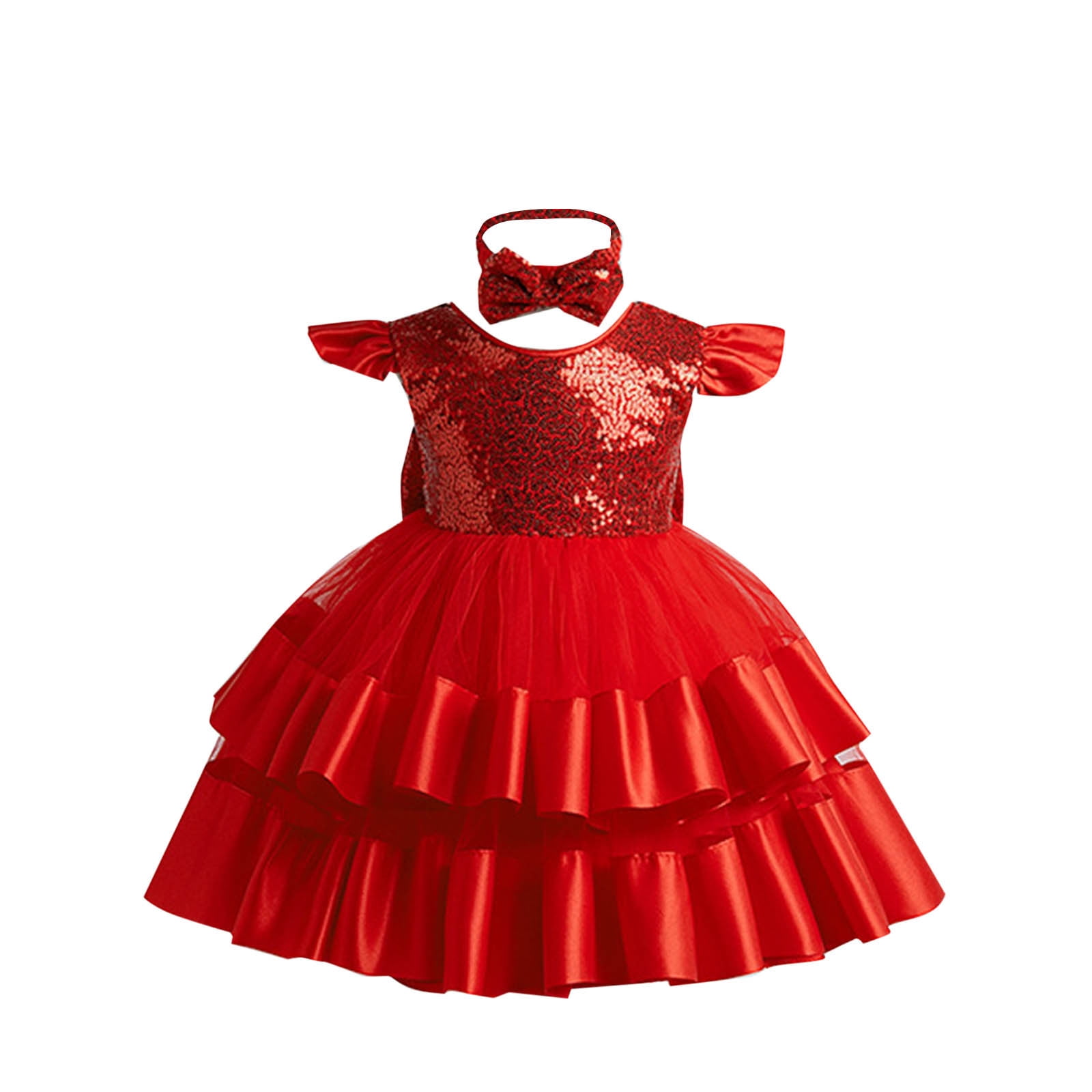 Odeerbi Toddler Girls Summer Sparkly Sequin Princess Dress Satin Tulle Birthday Party Evening Dress Ruffle Sleeve Bow Flower Girl Dress Gowns Formal