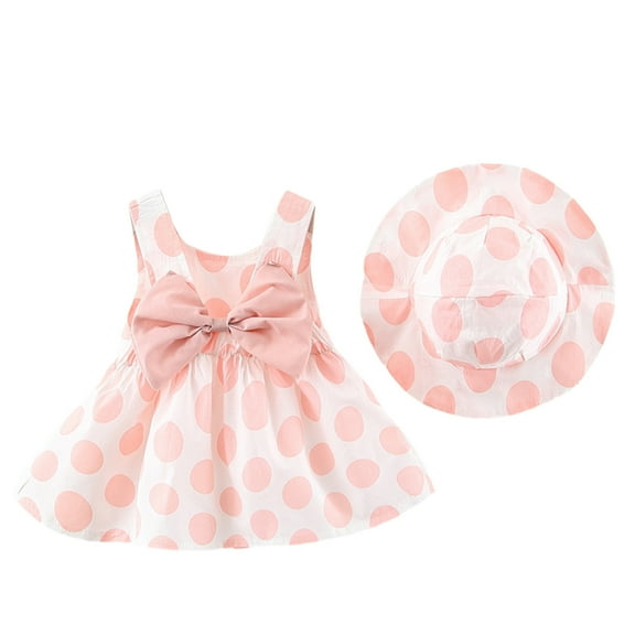 Odeerbi Infant Girls Tank Dress Floral Sun Dress 0-3 Years Summer Dress Printed Polka Dots Bow Sleeveless Dress with Hat Set Pink