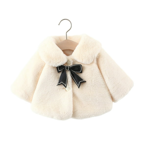 Odeerbi Infant Girls Winter Faux Furrry Coat Bow Winter Coat Fleece Lined Thick Down Coats Puffy Polyester Fiber Girdling Coat White 6-9 Months