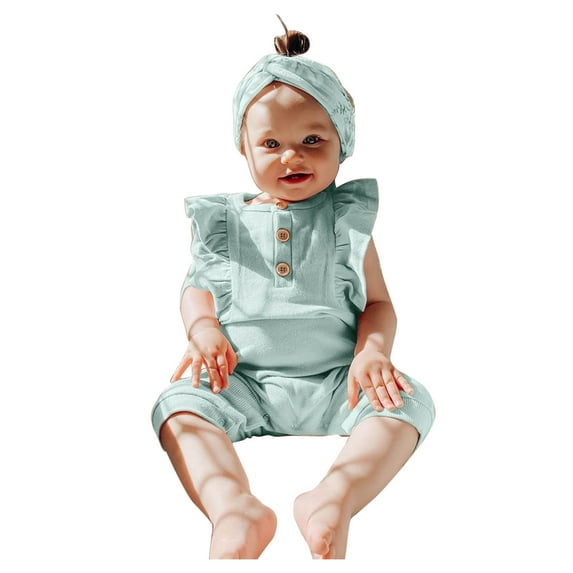 Odeerbi Infant Romper Baby Boys Girls Clothes Infant Sleeveless Solid Romper Ruffles Jumpsuit with Headbands Blue