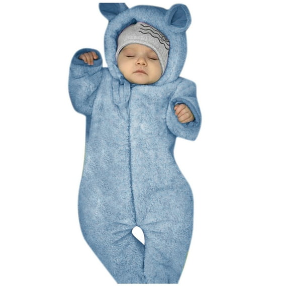 Odeerbi Infant Romper Baby Boys Girls Clothes Newborn Winter Fleece Jumpsuit Solid Hooded Romper Warm Coat Outwear Blue