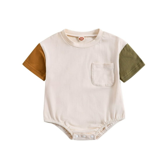Odeerbi Infant Romper Baby Boys Girls Clothes Toddler Kids Cute Splicing Print Romper Fashion Short Sleeve 2024 Casual Jumpsuit with Pocket Brown
