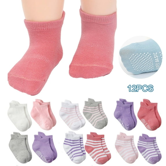 Odeerbi Infant Socks Toddler Girls 12 Pairs Cotton Ankle Socks Cute Floor Socks Non Slip Short Socks with Grips for Infant Kids Red
