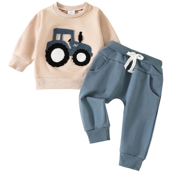 Odeerbi Infant Toddler Boys Girls Sweatsuits Sets Tractor Print Sport Sweatshirt Drawstring Elastic Waist Jogger Sweatpants 2 Piece Outfit Set
