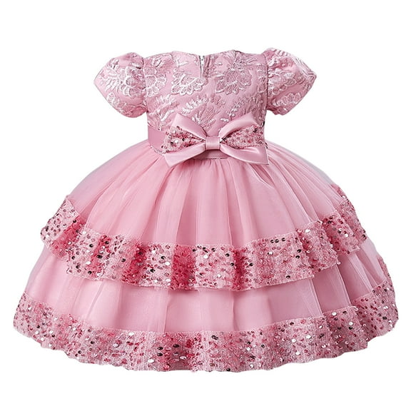 Odeerbi Infant Toddler Girls Tulle Princess Dress Children's Short Sleeve Lace Bow Mesh Dress Birthday Gift Hot Pink