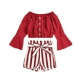 thumbnail image 1 of Odeerbi Infant Two-piece Set Infant Girls Stripe Outfits Cropped Tops Flared Trousers Baby Clothes Toddler Ruffle Off Shoulder Tops Shorts Kids Outfits Red, 1 of 9
