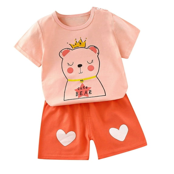 Odeerbi Infant Two-piece Set Toddler Boys Girls Cute Cartoon Print Outfits Baby Clothes Kids Fashion Short Sleeve Casual Suit Beige