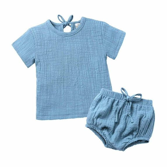 Odeerbi Infant Two-piece Set Toddler Boys Summer Cotton Linen Outfits Baby Clothes Kids 2025 Casual Solid Crepe Gauze Short Sleeve T-shirt Shorts Set Blue