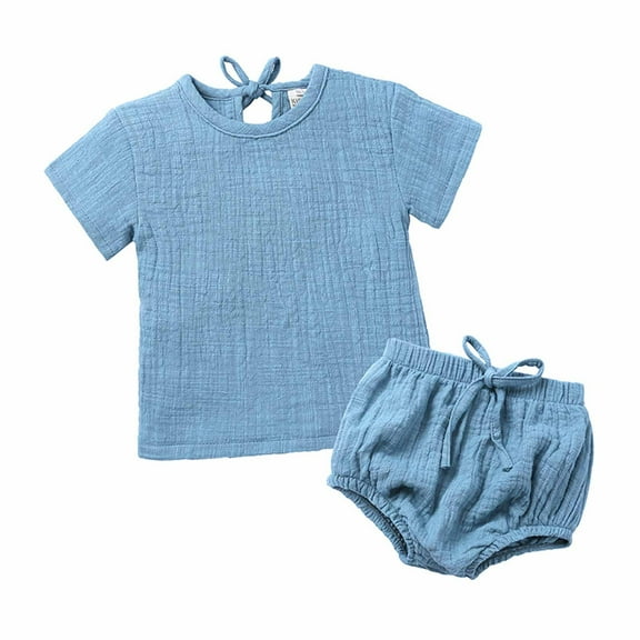 Odeerbi Infant Two-piece Set Toddler Boys Summer Cotton Linen Outfits Baby Clothes Kids 2025 Casual Solid Crepe Gauze Short Sleeve T-shirt Shorts Set Blue