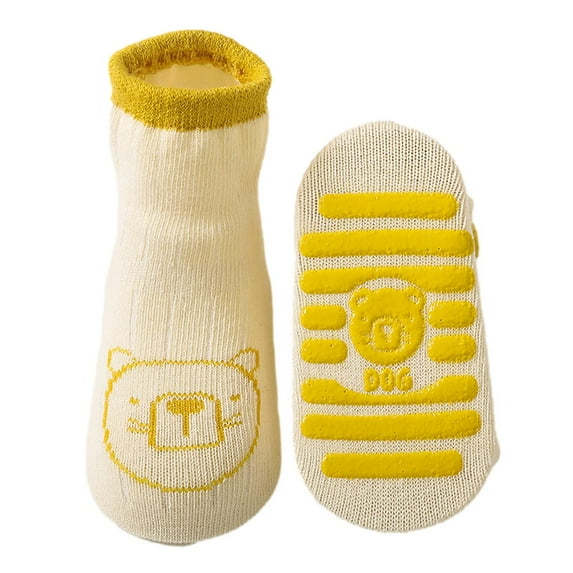 Odeerbi Infants Toddlers Floor Socks Kids Boys Girls Baby Non Slip Soles Grip Cartoon Cute Ankle Walking Socks Beige