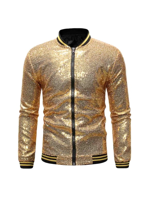 Jackets For Men Fall Jacket Casual Solid Standing Collar Long Sleeve Sequin Dance Dress Zip Black