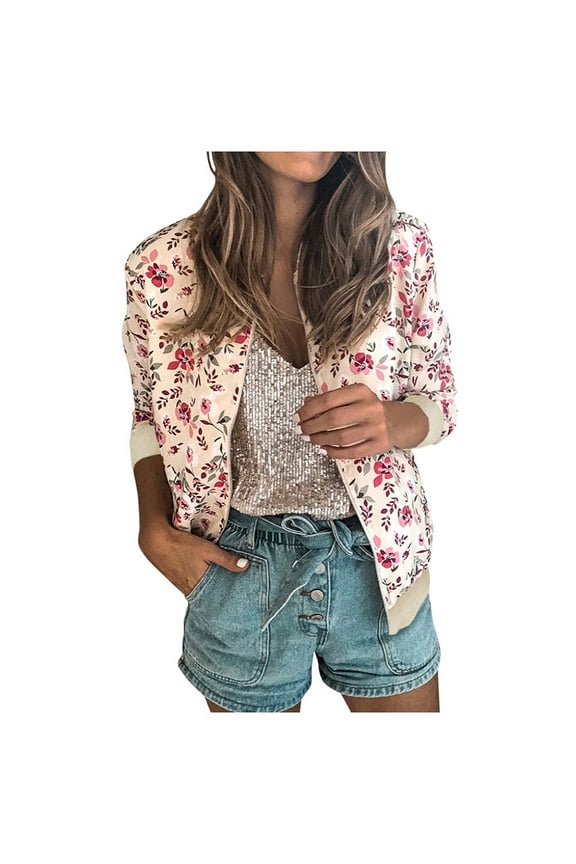 Jackets For Women Ladies 2025 Casual O Neck Retro Floral Zipper Up Jacket 2025 Casual Coat Outerwear Pink