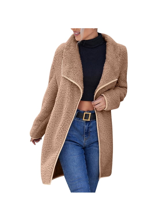 Jackets For Women Trendy Loose Casual Large Lapel Irregular Mid-length Double-sided Plush Coat Furry Windbreaker Coat Khaki