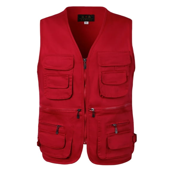 Odeerbi Jackets Vest Sets for Men Multi-Pocketed Photography Denim Jacket Outdoor 2025 Casual Fishing Large Size Red