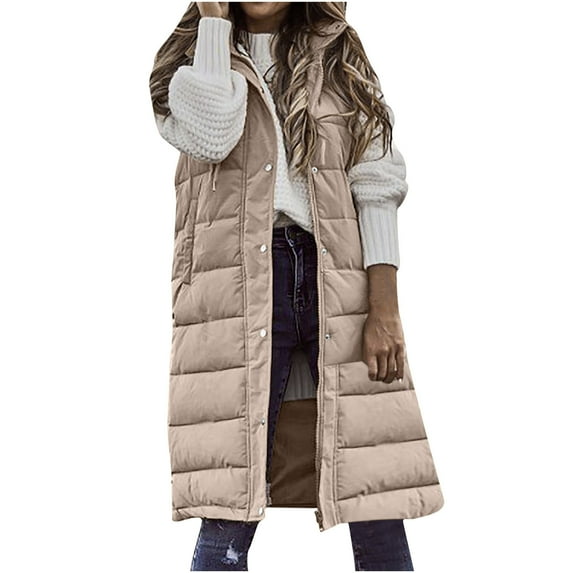 Odeerbi Jackets for Women 2025 Solid Color Hooded Single-Breasted Mid-length Padded Vest Sleeveless Pocket Jacket Beige