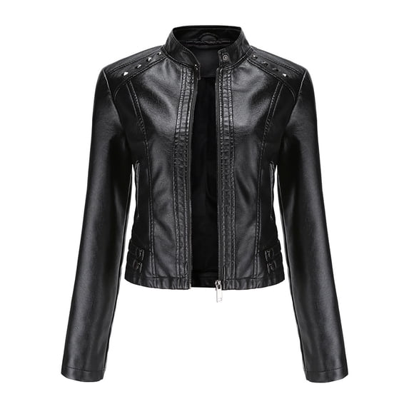 Odeerbi Jackets for Women Slim Leather Stand Collar Zip Motorcycle Suit Belt Coat Jacket Tops Black