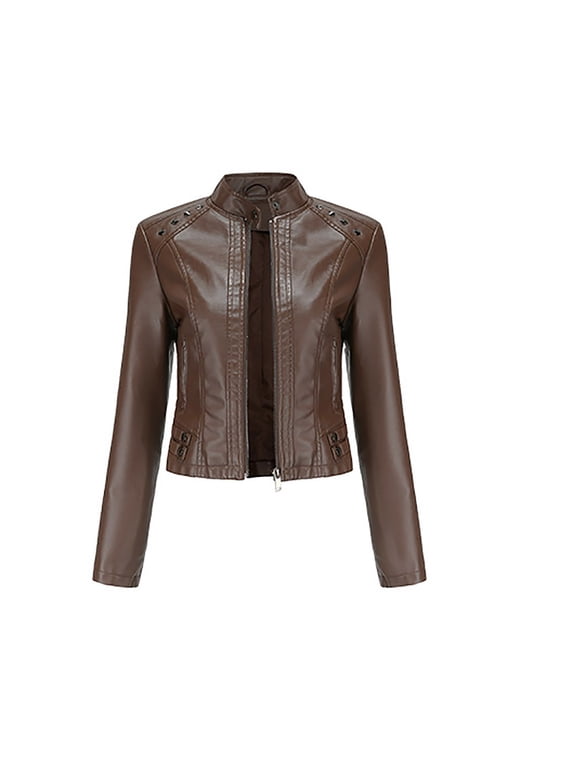 Jackets for Women Slim Leather Stand Collar Zip Motorcycle Suit Belt Coat Jacket Tops Coffee