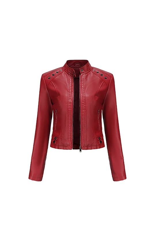 Jackets for Women Slim Leather Stand Collar Zip Motorcycle Suit Belt Coat Jacket Tops Red