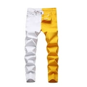 Odeerbi Jeans For Men New Trendy 2024 Casual Zip Closure Panel Washed Stretch Trousers Yellow