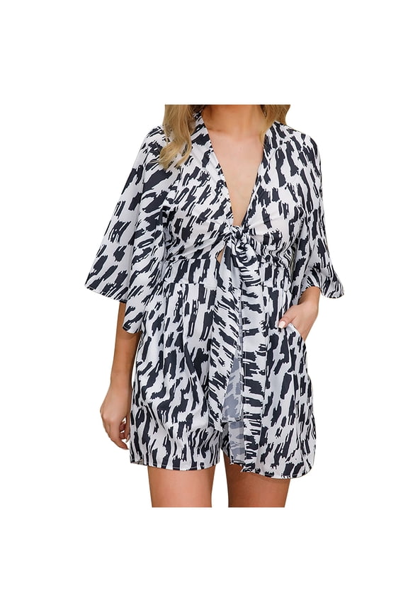 Jumpsuit for Women 2025 Summer Print Jumpsuit Short Sleeve V-Neck Tight Jumpsuit Beach Jumpsuit Sun Jumpsuit White