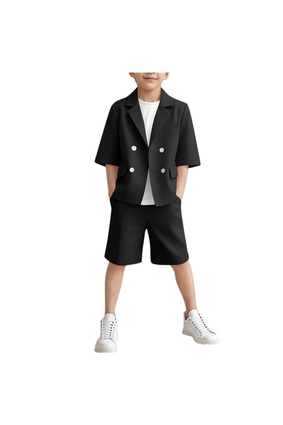Kids Boys 2 Piece Gentleman Formal Suit Short Sleeve Notched Lapel Blazer Jacket and Suit Shorts Preppy Outfit School Uniform Set