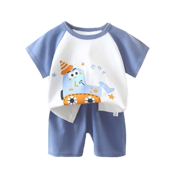 Odeerbi Kids Boys 2 Piece Outfits Cartoon Cotton T-shirt Shorts Set Summer Clothes Baby Cute Printed Round Neck Short Sleeve Shorts Set White