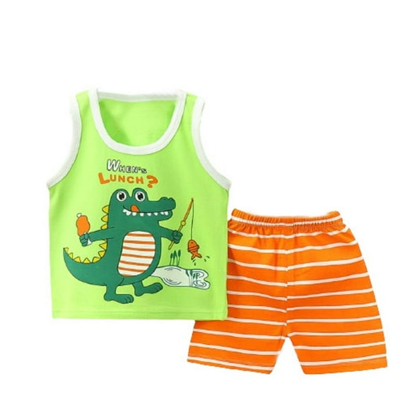 Odeerbi Kids Boys 2 Piece Outfits Cartoon Cotton Tank Tops Shorts Set Summer Clothes Baby Cute Printed Round Neck Tank Shorts Suit Green