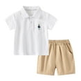 thumbnail image 1 of Odeerbi Kids Boys 2 Piece Outfits Cotton Shirt Shorts Set Summer Clothes Fashion Casual Short Sleeve Turndown Collar Botton Tops Solid Color Short Pants Sets Beige, 1 of 8