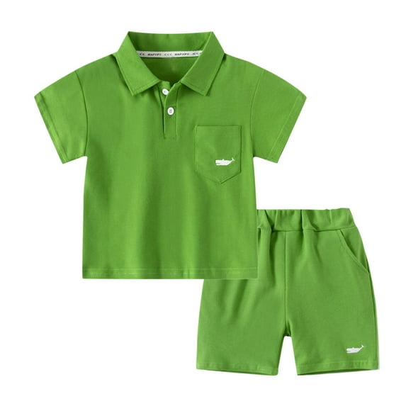 Odeerbi Kids Boys 2 Piece Outfits Cotton T-shirt Shorts Set Summer Clothes Fashion Casual Short Sleeve Turndown Collar Botton Tops Solid Color Short Pants Sets Green