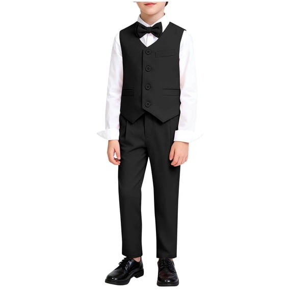 Odeerbi Kids Boys 3 PCS Gentleman Formal Dress Suit Waistcoat + Suit Pants + Bow Tie Wedding Outfits Set
