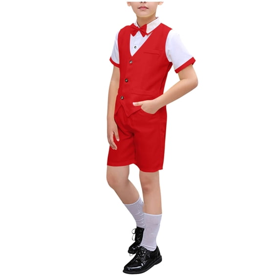 Odeerbi Kids Boys 4 PCS Gentleman Formal Suit Short Sleeve Dress Shirt + Suit Shorts + Waistcoat + Bow Tie Stage Performance Outfits Set