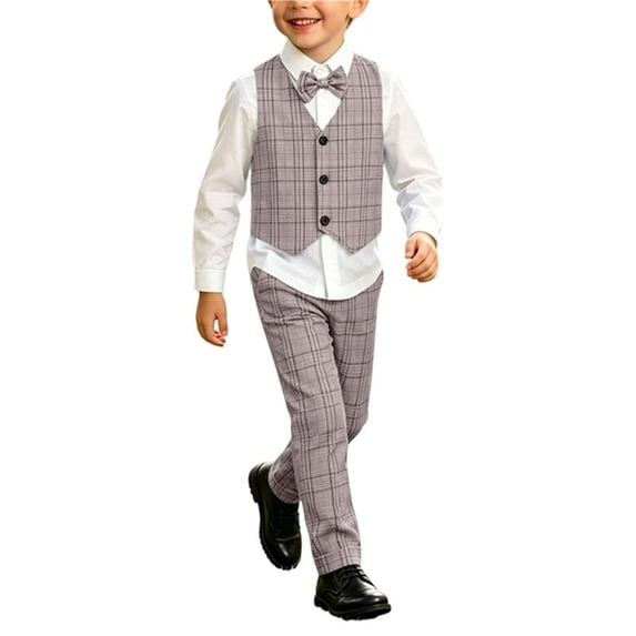 Odeerbi Kids Boys 4 PCS Plaid Gentleman Formal Suit Dress Shirt + Suit Pants + Waistcoat + Hat Wedding Outfits Set