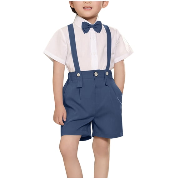 Odeerbi Kids Boys 4 Piece Gentleman Formal Suit Preppy Outfit Dress Shirt and Color Block Suit Shorts with Suspenders Bow Tie School Uniform Set
