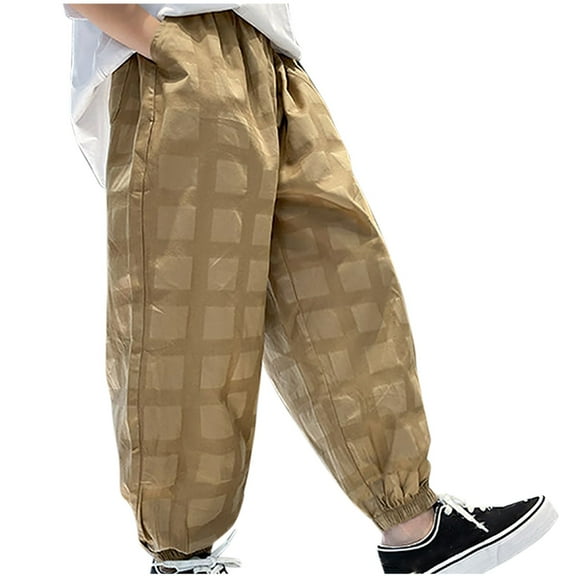 Odeerbi Kids Boys Cargo Pants Plaid Cotton Jogger Pants Fashionable Solid Color Pants Large Children Casual Spring Workwear Pants Khaki