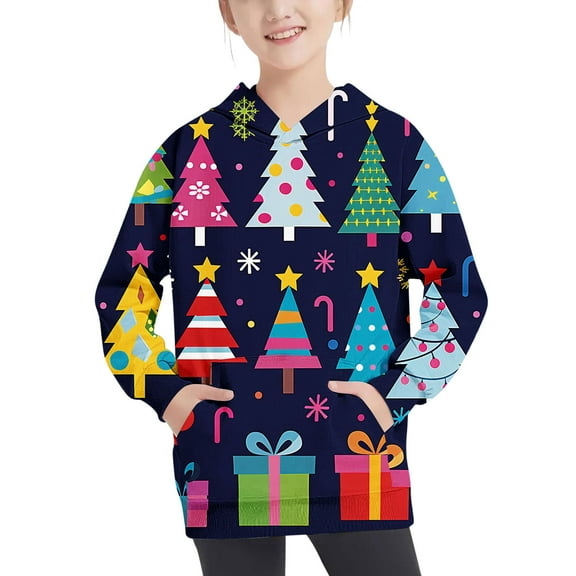 Odeerbi Kids Boys Christmas Hoodies Fall Winter Pullover Hooded Sweatshirts 4-14 Years Children's Christmas Printed Hoodie Long Sleeve Top Sweatshirt Kids Clothes Black