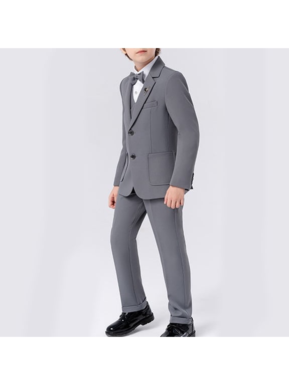 Kids Boys Clothes Gentleman Formal Dress Suit Children's Solid Color Long Sleeve Blazer Jacket + Waistcoat + Suit Pants + Tie + Brooch 5-piece Set Gray